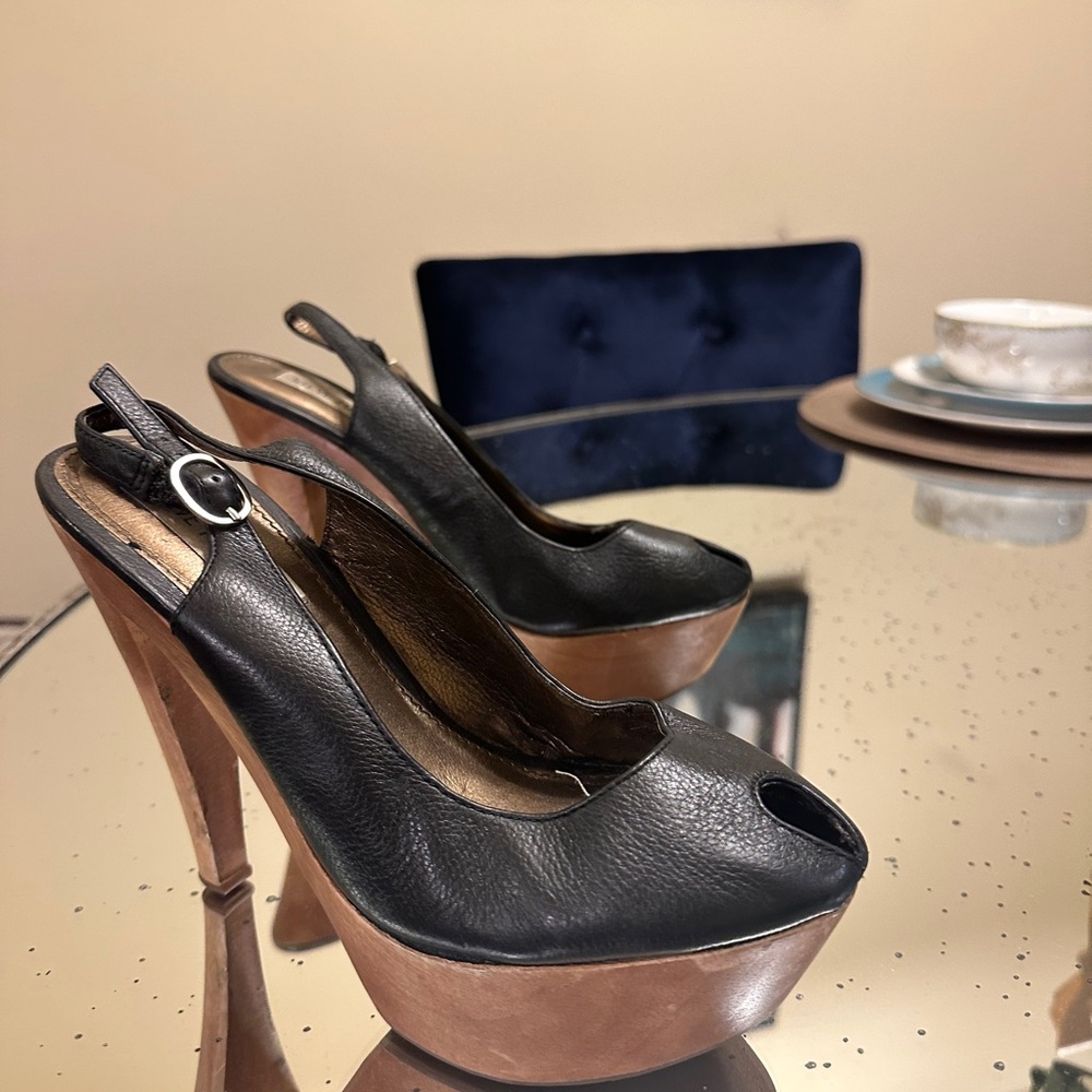 Elegant Black and Brown Peep Toe Slingback Heels